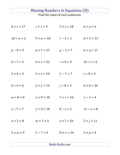 The Missing Numbers in Equations (Variables) -- All Operations (Range 1 to 9) (H) Math Worksheet