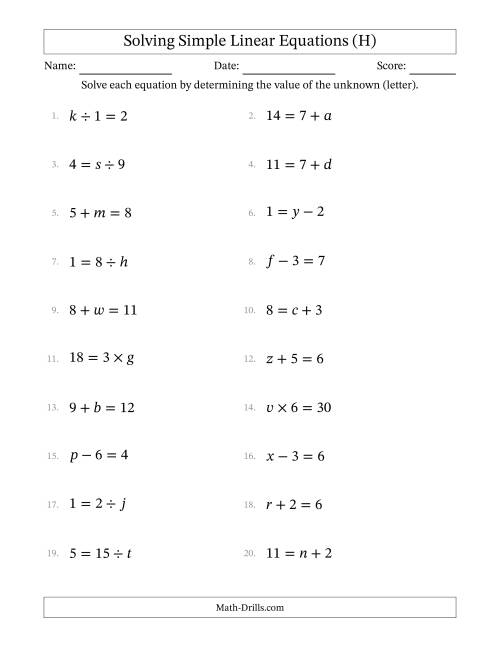 The Solving Simple Linear Equations with Letters as Unknowns (All Operations; Range 1 to 9; Unknowns Never in Answer Position) (H) Math Worksheet