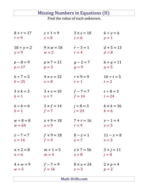 The Missing Numbers in Equations (Variables) -- All Operations (Range 1 to 9) (H) Math Worksheet Page 2