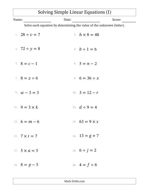 The Solving Simple Linear Equations with Letters as Unknowns (All Operations; Range 1 to 9; Unknowns Never in Answer Position) (I) Math Worksheet