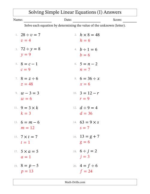 The Solving Simple Linear Equations with Letters as Unknowns (All Operations; Range 1 to 9; Unknowns Never in Answer Position) (I) Math Worksheet Page 2