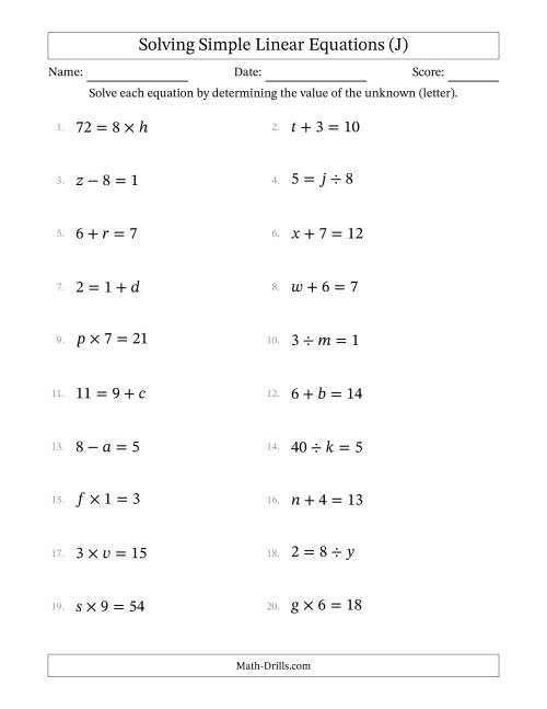 The Solving Simple Linear Equations with Letters as Unknowns (All Operations; Range 1 to 9; Unknowns Never in Answer Position) (J) Math Worksheet