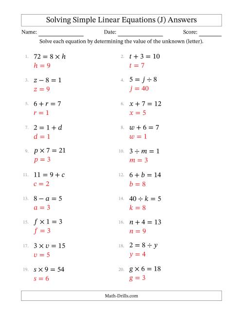 The Solving Simple Linear Equations with Letters as Unknowns (All Operations; Range 1 to 9; Unknowns Never in Answer Position) (J) Math Worksheet Page 2