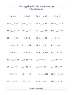 Missing Numbers in Equations (Blanks) -- All Operations (Range 1 to 20)