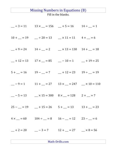 The Missing Numbers in Equations (Blanks) -- All Operations (Range 1 to 20) (B) Math Worksheet