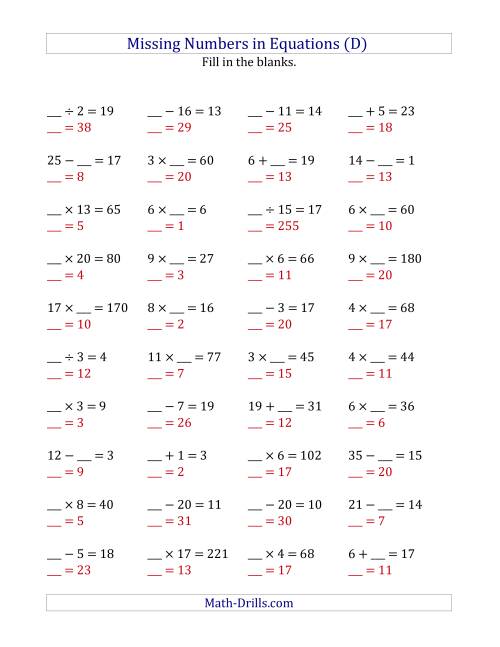 The Missing Numbers in Equations (Blanks) -- All Operations (Range 1 to 20) (D) Math Worksheet Page 2