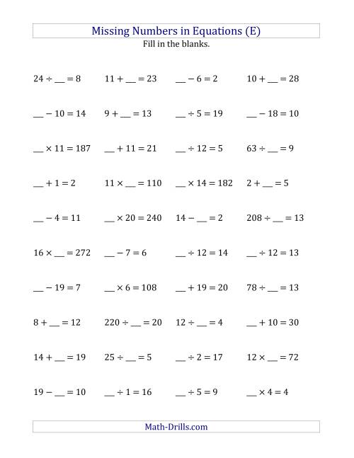 The Missing Numbers in Equations (Blanks) -- All Operations (Range 1 to 20) (E) Math Worksheet