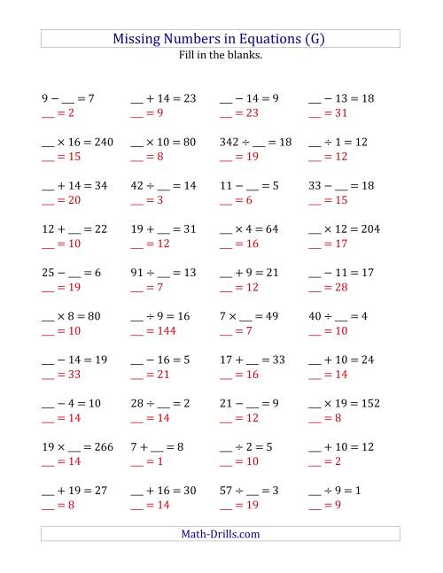 Missing Numbers in Equations (Blanks) -- All Operations (Range 1 to 20) (G)