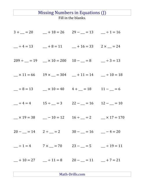 The Missing Numbers in Equations (Blanks) -- All Operations (Range 1 to 20) (J) Math Worksheet