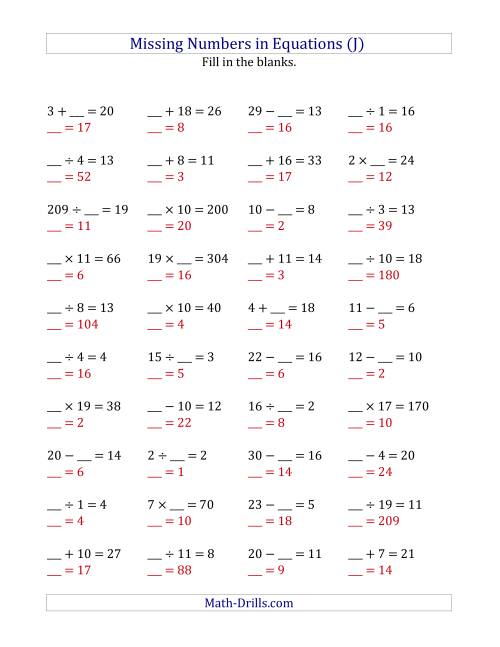 The Missing Numbers in Equations (Blanks) -- All Operations (Range 1 to 20) (J) Math Worksheet Page 2
