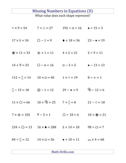 The Missing Numbers in Equations (Symbols) -- All Operations (Range 1 to 20) (D) Math Worksheet