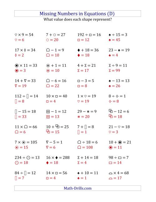 The Missing Numbers in Equations (Symbols) -- All Operations (Range 1 to 20) (D) Math Worksheet Page 2