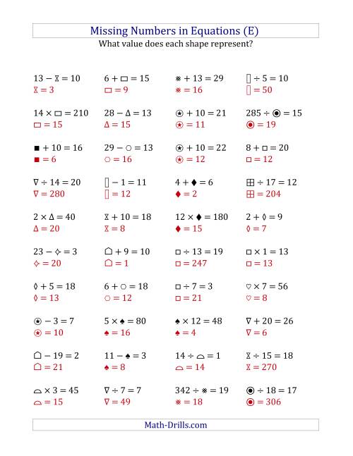 Missing Numbers in Equations (Symbols) -- All Operations (Range 1 to 20 ...