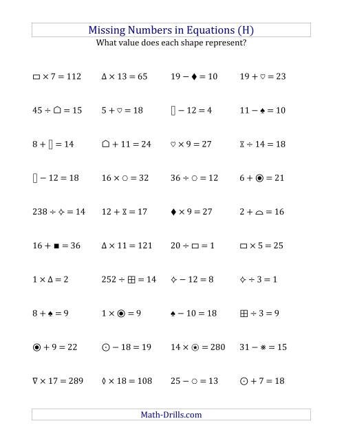 The Missing Numbers in Equations (Symbols) -- All Operations (Range 1 to 20) (H) Math Worksheet