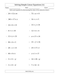 Solving Simple Linear Equations with Letters as Unknowns (All Operations; Range 1 to 20; Unknowns Never in Answer Position)