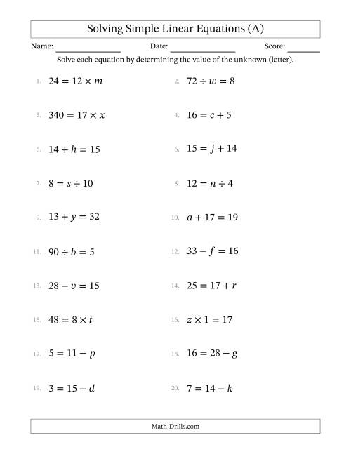 The Solving Simple Linear Equations with Letters as Unknowns (All Operations; Range 1 to 20; Unknowns Never in Answer Position) (A) Math Worksheet