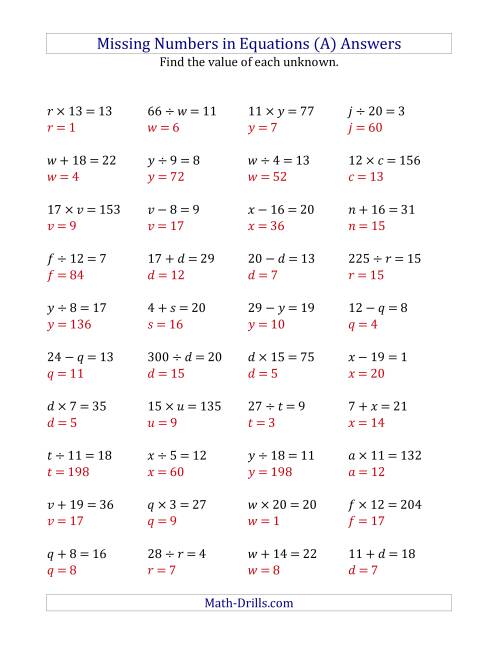 The Missing Numbers in Equations (Variables) -- All Operations (Range 1 to 20) (A) Math Worksheet Page 2