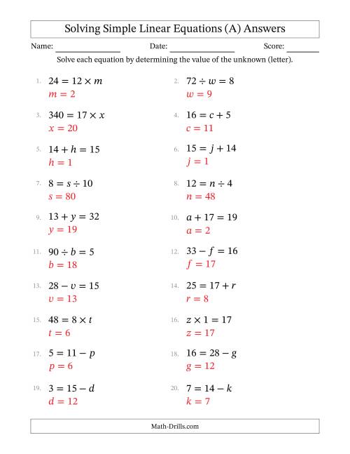 The Solving Simple Linear Equations with Letters as Unknowns (All Operations; Range 1 to 20; Unknowns Never in Answer Position) (A) Math Worksheet Page 2