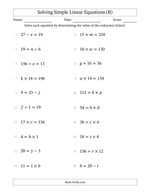 The Solving Simple Linear Equations with Letters as Unknowns (All Operations; Range 1 to 20; Unknowns Never in Answer Position) (B) Math Worksheet