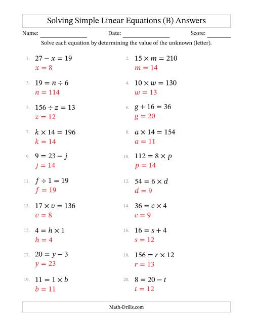 The Solving Simple Linear Equations with Letters as Unknowns (All Operations; Range 1 to 20; Unknowns Never in Answer Position) (B) Math Worksheet Page 2