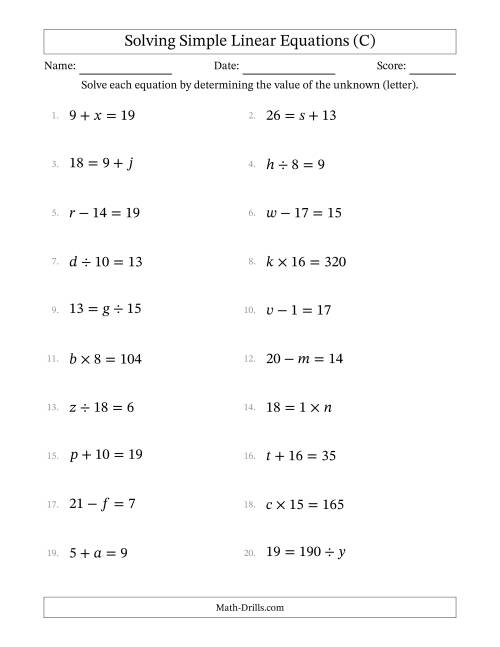 The Solving Simple Linear Equations with Letters as Unknowns (All Operations; Range 1 to 20; Unknowns Never in Answer Position) (C) Math Worksheet