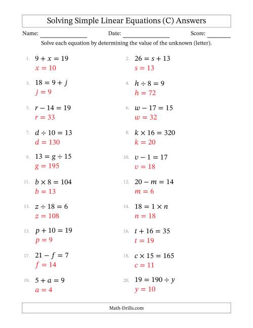 The Solving Simple Linear Equations with Letters as Unknowns (All Operations; Range 1 to 20; Unknowns Never in Answer Position) (C) Math Worksheet Page 2