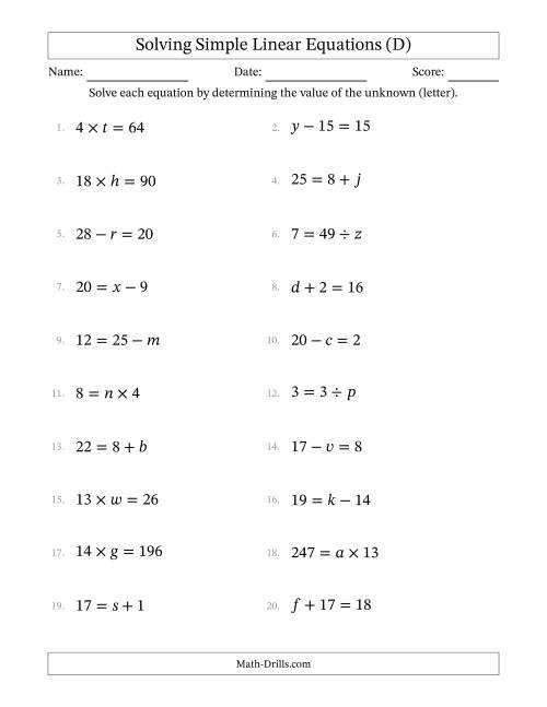 The Solving Simple Linear Equations with Letters as Unknowns (All Operations; Range 1 to 20; Unknowns Never in Answer Position) (D) Math Worksheet