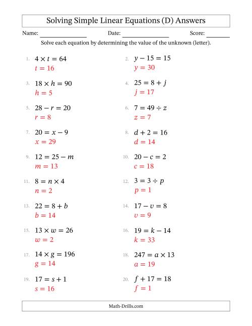 The Solving Simple Linear Equations with Letters as Unknowns (All Operations; Range 1 to 20; Unknowns Never in Answer Position) (D) Math Worksheet Page 2