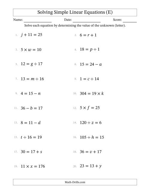 The Solving Simple Linear Equations with Letters as Unknowns (All Operations; Range 1 to 20; Unknowns Never in Answer Position) (E) Math Worksheet