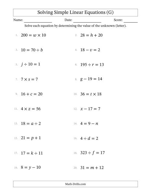 The Solving Simple Linear Equations with Letters as Unknowns (All Operations; Range 1 to 20; Unknowns Never in Answer Position) (G) Math Worksheet