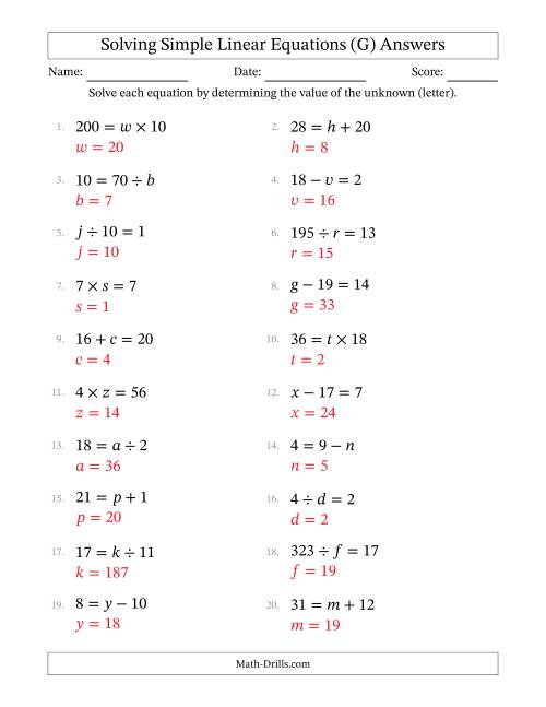 The Solving Simple Linear Equations with Letters as Unknowns (All Operations; Range 1 to 20; Unknowns Never in Answer Position) (G) Math Worksheet Page 2