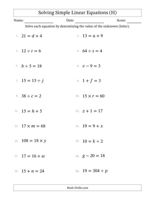 The Solving Simple Linear Equations with Letters as Unknowns (All Operations; Range 1 to 20; Unknowns Never in Answer Position) (H) Math Worksheet