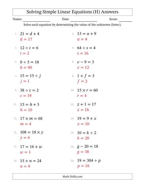 The Solving Simple Linear Equations with Letters as Unknowns (All Operations; Range 1 to 20; Unknowns Never in Answer Position) (H) Math Worksheet Page 2