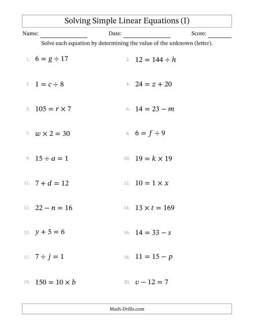 The Solving Simple Linear Equations with Letters as Unknowns (All Operations; Range 1 to 20; Unknowns Never in Answer Position) (I) Math Worksheet