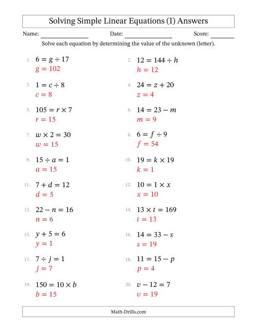 The Solving Simple Linear Equations with Letters as Unknowns (All Operations; Range 1 to 20; Unknowns Never in Answer Position) (I) Math Worksheet Page 2