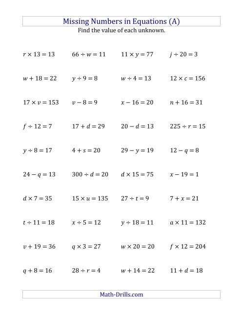 The Missing Numbers in Equations (Variables) -- All Operations (Range 1 to 20) (All) Math Worksheet