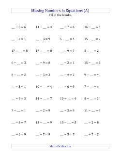Missing Numbers in Equations (Blanks) -- Subtraction (Range 1 to 9)