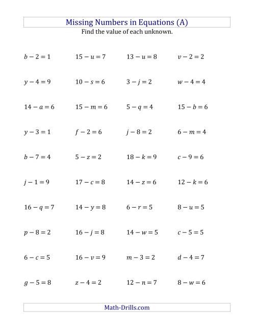 The Missing Numbers in Equations (Variables) -- Subtraction (Range 1 to 9) (A) Math Worksheet