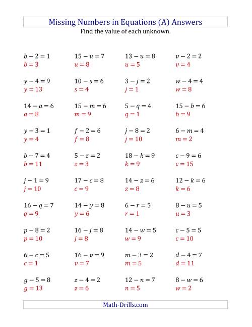 The Missing Numbers in Equations (Variables) -- Subtraction (Range 1 to 9) (A) Math Worksheet Page 2