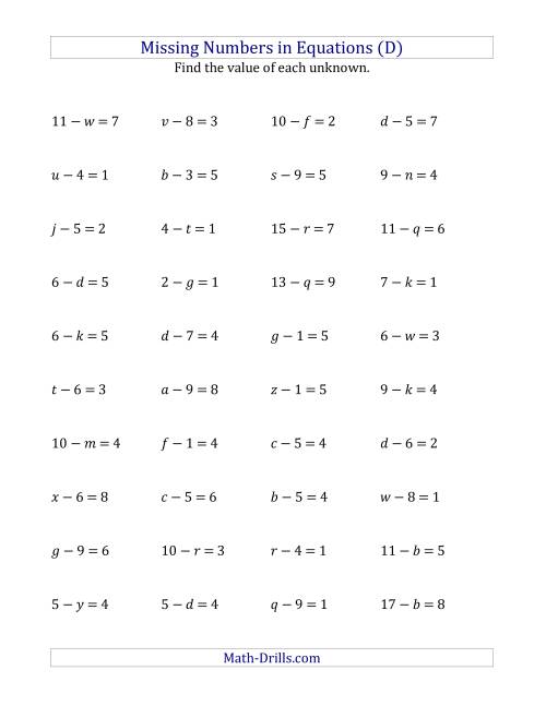 The Missing Numbers in Equations (Variables) -- Subtraction (Range 1 to 9) (D) Math Worksheet