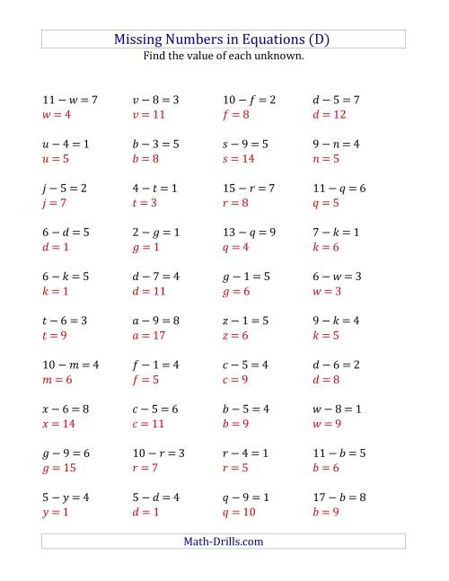 The Missing Numbers in Equations (Variables) -- Subtraction (Range 1 to 9) (D) Math Worksheet Page 2