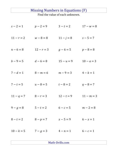 The Missing Numbers in Equations (Variables) -- Subtraction (Range 1 to 9) (F) Math Worksheet
