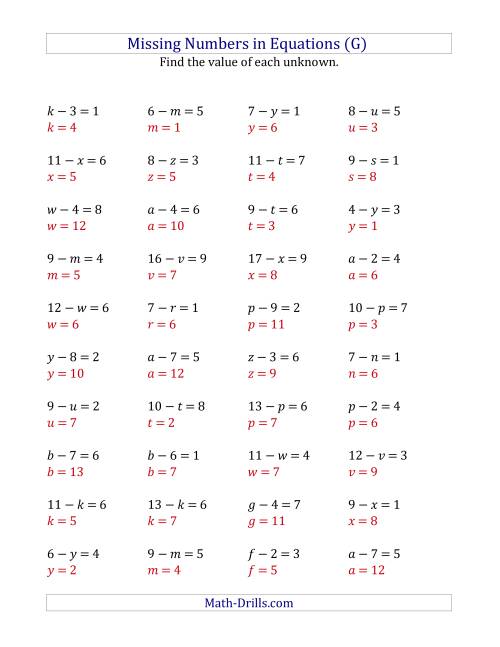 The Missing Numbers in Equations (Variables) -- Subtraction (Range 1 to 9) (G) Math Worksheet Page 2