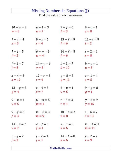 The Missing Numbers in Equations (Variables) -- Subtraction (Range 1 to 9) (J) Math Worksheet Page 2