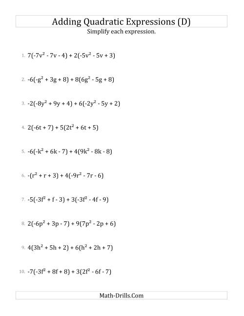 The Adding and Simplifying Quadratic Expressions with Multipliers (D) Math Worksheet