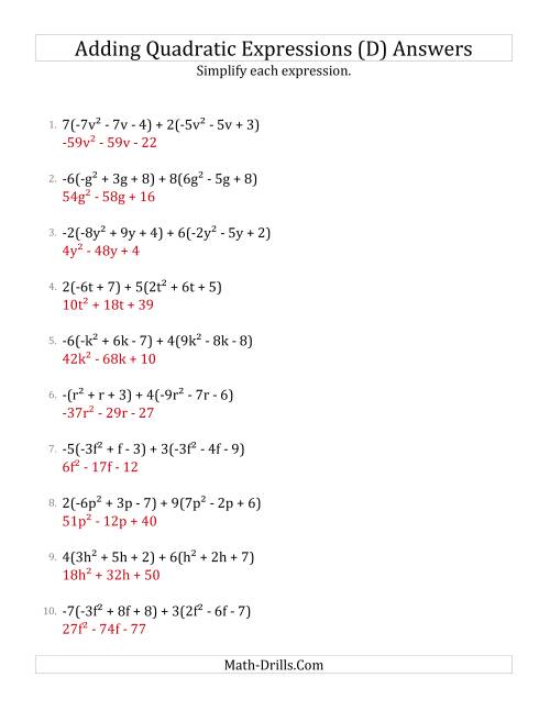 The Adding and Simplifying Quadratic Expressions with Multipliers (D) Math Worksheet Page 2
