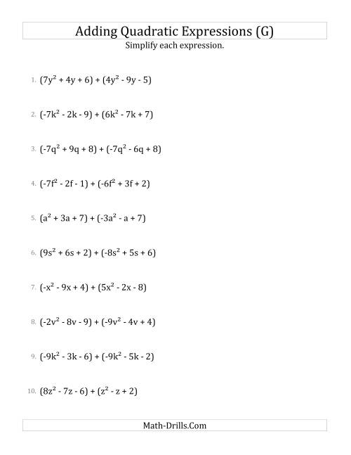 The Adding and Simplifying Quadratic Expressions (G) Math Worksheet