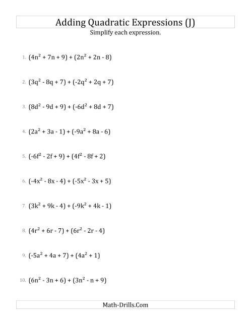 The Adding and Simplifying Quadratic Expressions (J) Math Worksheet