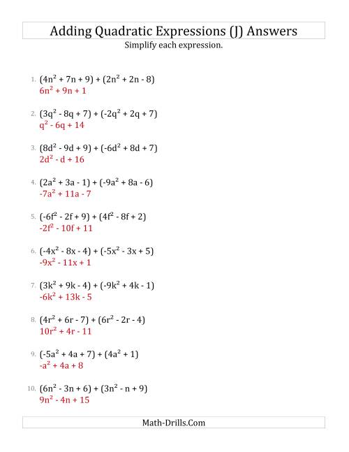 The Adding and Simplifying Quadratic Expressions (J) Math Worksheet Page 2
