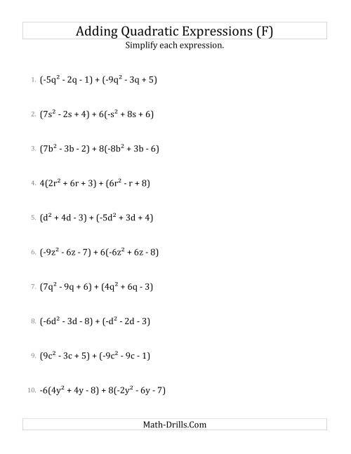 The Adding and Simplifying Quadratic Expressions with Some Multipliers (F) Math Worksheet